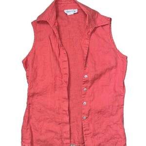 David N Blue Sleeveless Button-Up Collar Linen-like Blend Top